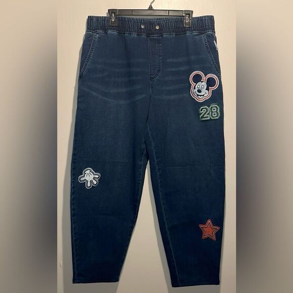 Disney Parks- Her Universe Mickey Mouse Pull On Denim Pants Retro Patch- Size XL - Picture 1 of 10